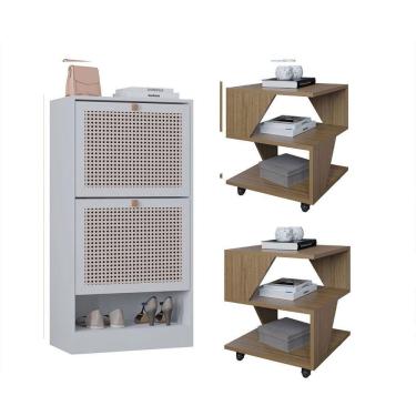 Imagem de Kit Sapateira 2 Portas E 2 Mesas De Cabeceira-centro Poquema Carvalho-branco