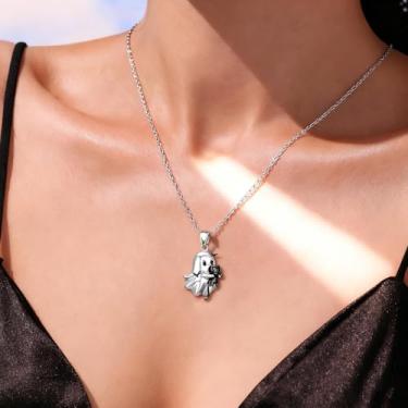 Imagem de Colar feminino de Halloween com pingente de fantasma assustador, colar gótico de gato preto, joias de Halloween, One Size, Aço inoxidável, Sem Pedra Preciosa