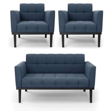 Imagem de Sofá Namoradeira e 2 Poltronas Base de Madeira Preto Elisa Suede Azul Marinho D03 - D'Rossi