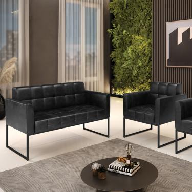 Imagem de Kit 1 Sofá Namoradeira e 1 Poltrona Elisa Corano Preto Base Metálica Industrial Preto D03 - D'Rossi