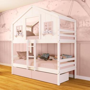 Imagem de Beliche Casinha Dos Sonhos Com 02 Gavetas Madeira Maciça Branco/ Rosa Megamobilia