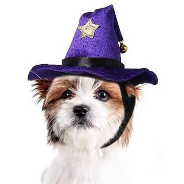 Imagem de JAAQUCD Chapéu de bruxa de gato para animais de estimação fantasia de Halloween ajustável PP boné de bruxo de cachorro roupa de cachorro fantasia de feriado acessórios de cabeça para gatos pequenos