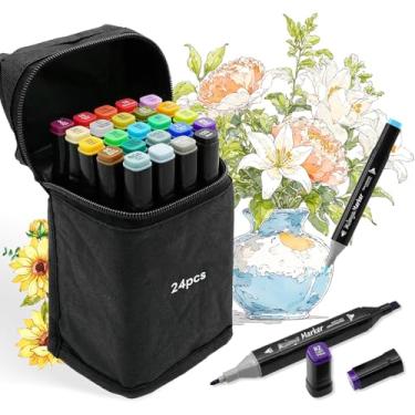 Imagem de Conjunto de Canetinhas Marcadoras com Ponta Dupla, Kit Escolar para Colorir e Desenho, Marcadores Permanentes para Atividades Artísticas e Projetos (24 cores)