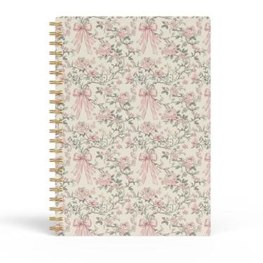 Imagem de Evcprz Caderno floral Coquette, caderno rosa vintage com laço rosa, diário estético romântico feminino, presente bonito para mulheres e meninas, caderno espiral 14 x 21 cm