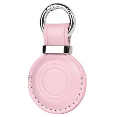 Imagem de MOLOVA 1 pacote de couro genuíno feito à mão para porta-chaves AirTag, design compacto com chaveiro AirTag, seguro para suporte de airtags com trava de anel de aço inoxidável, rosa flor