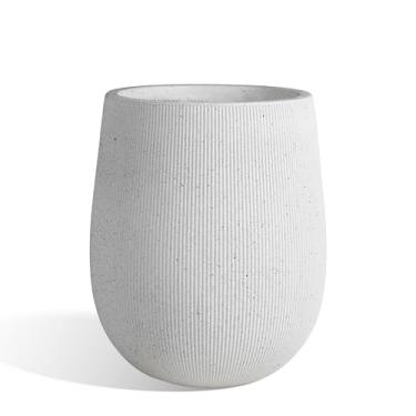 Imagem de Worth Vaso redondo grande branco de jardim, 23 cm de diâmetro x 33 cm A Vaso leve de cimento de óxido de magnésio com acabamento listrado texturizado, aparência de concreto com padrão elevado