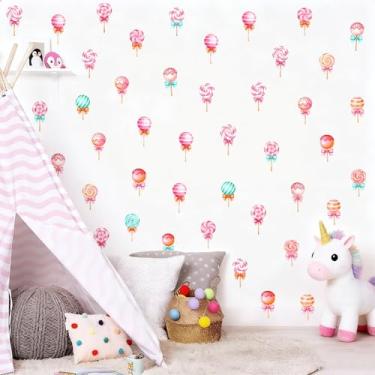 Imagem de Decalques de parede de pirulito, decalques de doces fofos adesivos de parede aquarela decoração de fundo de festa adesivos de sobremesa adesivos de parede coloridos para quarto de crianças, berçário