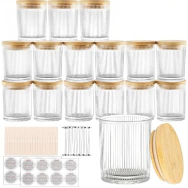 Imagem de CONNOO 16 frascos de vela de vidro com nervuras com tampas de bambu, recipientes grossos de 200 ml com mechas e adesivos para fazer velas faça você mesmo, frascos de vidro transparente para pedidos em