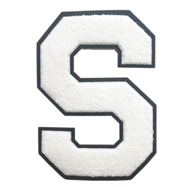 Imagem de 1 Patch de letra de chenille de ferro branco de 16,5 cm com borda preta – Remendos do alfabeto para roupas, jaquetas, mochilas, chapéus para decoração personalizada, nome personalizado e artesanato