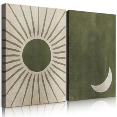 Imagem de 2 peças de arte de parede boho lua verde abstrato sol de meados do século decoração de parede impressão de pôster simples para sala de estar quarto decoração de casa pronto para pendurar (40,6 x 61 cm