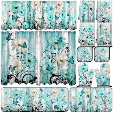 Imagem de Conjunto de 13 peças de margarida azul-petróleo com toalhas de cozinha, tapetes antiderrapantes rústicos para casa de fazenda, porta-panelas, luvas de forno, azul-petróleo, borboleta, decoração floral