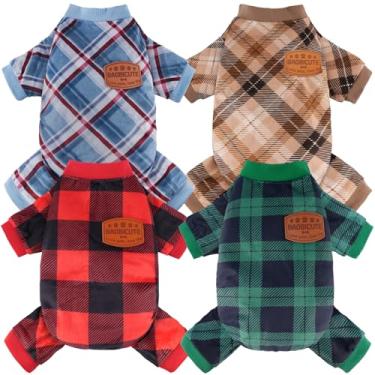 Imagem de Pacote com 4 pijamas para cães macios e leves para recuperação de cães, roupas para meninos e meninas e gatos (3GG (costas: 61 cm, peito: 75 cm, pescoço: 48 cm), xadrez cáqui verde vermelho)