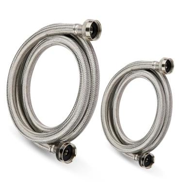 Imagem de Niikappu Mangueiras para máquina de lavar roupa de 1,5 m, 2 unidades de mangueiras trançadas de aço inoxidável, linha de suprimento de lavadora quente e fria, mangueira universal flexível para máquina