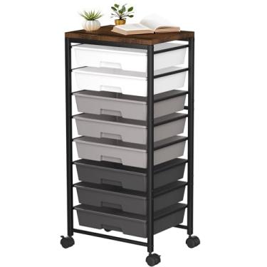Imagem de Carrinho de rodinhas com 8 gavetas, carrinhos de armazenamento de gaveta de plástico com rodas e mesa de madeira, organizador de carrinho utilitário de metal para quarto, sala de estar, escritório