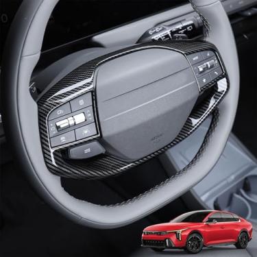 Imagem de Capas de volante de carro, painel de botão de volante, acabamento de moldura de proteção, compatível com acessórios KIA K4 2024-2026 (padrão de fibra de carbono)