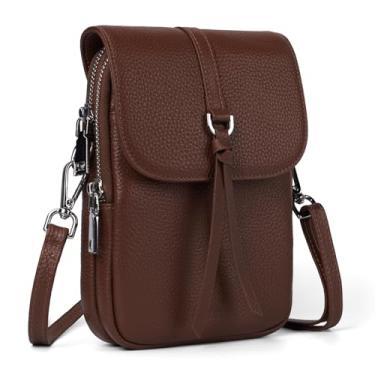 Imagem de befen Bolsa tiracolo feminina de couro legítimo, com vários bolsos para celular com compartimentos para cartões com bloqueio de RFID, Marrom escuro, Bolsa transversal para celular