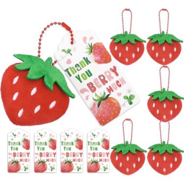 Imagem de Sollose 24 conjuntos de brindes de festa de chá de bebê de morango baga primeiro aniversário chaveiros de pelúcia presentes pingente de frutas para bolsa bolsa charme com etiquetas de agradecimento