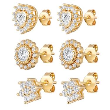 Imagem de VOLUKA Brincos femininos de zircônia cúbica – 3 pares de brincos de pressão 18K hipoalergênicos para orelhas sensíveis, imitação de diamante CZ, Latão, Zircônia cúbica
