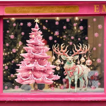 Imagem de Adesivos de janela de Natal rosa grandes adesivos de decoração de pinheiro de Natal para vidro dupla face adesivos de alce de floco de neve removível decalque estático de rena de Natal para festa de