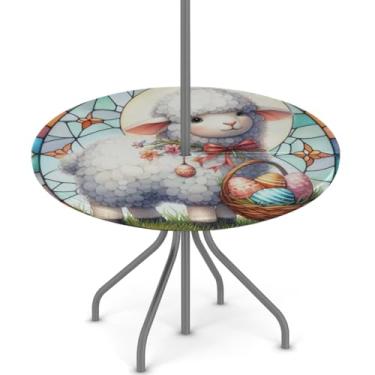 Imagem de hongjinglin Toalha de mesa de Páscoa para uso ao ar livre com orifício para guarda-chuva, toalha de mesa redonda elástica com zíper, impermeável, limpável, para piquenique, festa, pátio, serve para