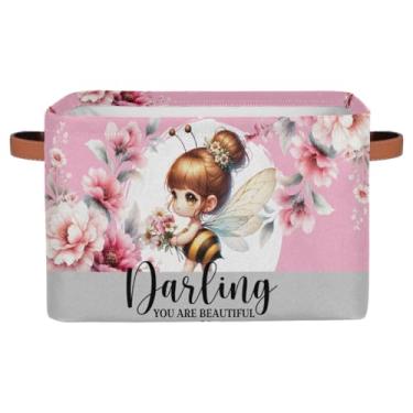 Imagem de hongjinglin Cestos de armazenamento pequenos, rosa, fofos, abelhas, com alças, caixas de armazenamento de brinquedos, organizador de tecido, dobrável, cesto organizador para berçário, sala de estar