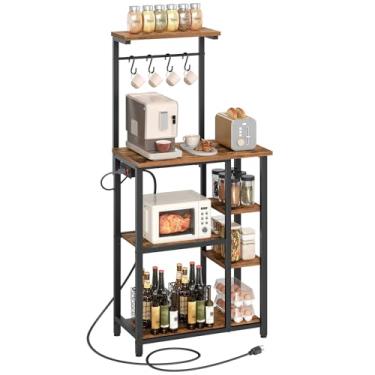 Imagem de YATINEY Rack de padeiro com tomada, suporte de micro-ondas com prateleira de armazenamento de especiarias, rack de armazenamento de cozinha, estação de café de 5 camadas com 4 ganchos, para espaços