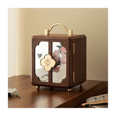 Imagem de HGTRH Caixa de jóias de madeira para mulheres, vintage de madeira maciça de vidro armário de jóias de quatro / cinco níveis de grande capacidade magnética de porta dupla espelho B