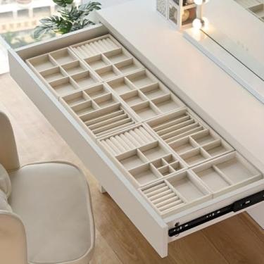 Imagem de Bandejas organizadoras de gaveta de joias de veludo – Conjunto de bandeja de joias empilhável para brincos, anéis, colares, pulseiras com divisórias removíveis para Dresser-18 Grid-Cream