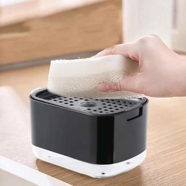 Imagem de Dispensador de sabão tipo prensa com suporte de esponja - dispensador de líquido de lavagem de louça para bancada de cozinha, bomba de sabão para limpeza de panos e louças