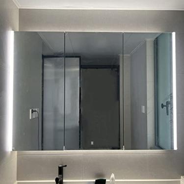 Imagem de SPXMQSS Armário de banheiro de LED, armários de banheiro com espelho luz ambiente interruptor de tela sensível ao toque com orifício de papel armários de banheiro com luzes montadas na parede unidades