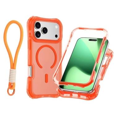 Imagem de Capa transparente com carregamento magnético em PC+TPU para iPhone 17 Pro Max Air 16 15 14 13 12 Plus com alça de pulso e proteção contra impactos (para iPhone 15 Pro/Laranja)