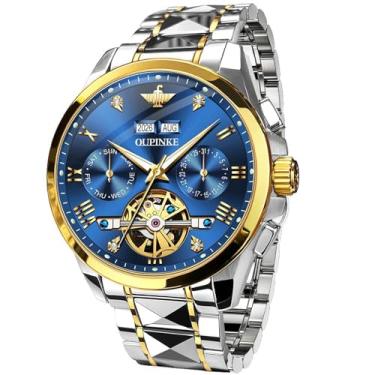 Imagem de OUPINKE Relógio masculino automático com design de rosto grande, vestido de esqueleto mecânico, relógios de pulso executivos, dois tons, aço tungstênio, à prova d'água, safira calendário, Dourado