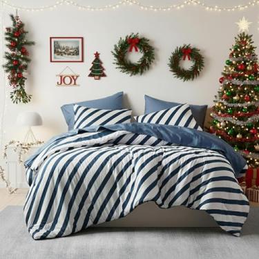 Imagem de Jogo de cama King listrado reversível em uma bolsa, 7 peças, design de listras de dois lados, conjunto de cama quente e aconchegante, inclui edredom king, conjunto de lençóis, fronhas e fronhas, azul