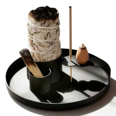 Imagem de Porta-incenso multifuncional, suporte para queimador de sálvia, queimador Palo Santo, bandeja de captura de cinzas de 13,9 cm, suporte para mancha com alça para varas de incenso, vela de cone de