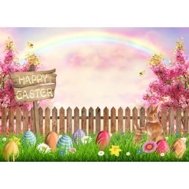 Imagem de CORFOTO 2,1 x 1,5 m Tecido Feliz Páscoa Pano de Fundo Primavera Jardim Cerca de Madeira Arco-íris Ovos Coloridos com Fundo de Foto de Coelho para Decorações de Festa de Páscoa Crianças Chá de Bebê