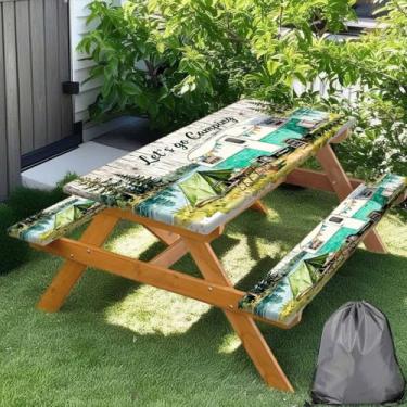 Imagem de Capa de mesa de piquenique com bordas elásticas, capa de mesa de madeira aquarela, itens essenciais para acampamento ao ar livre, 182 cm, 3 peças, toalha de mesa lavável à prova d'água com cordão
