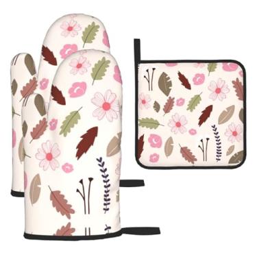 Imagem de Flores – Conjunto de cozinha essencial de 3 peças, luvas seguras para calor e alça de tampa, proteção para churrasco no forno, design de armazenamento suspenso.