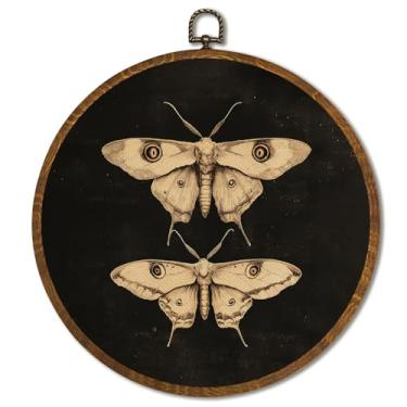 Imagem de Arte de parede vintage 25 x 25 cm, impressão em tela emoldurada redonda de borboleta e mariposas vintage, decoração de parede circular temperamental escura para sala de estar, quarto, arte retrô