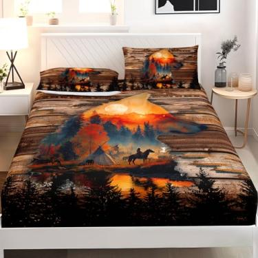 Imagem de AILONEN Jogo de lençol solteiro de lobo para decoração de quarto, animal selvagem do sudoeste, cowboy pôr do sol, 3 peças, 1 bolso profundo e 2 fronhas