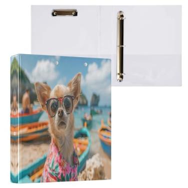 Imagem de Kigai Fichário de 3 anéis, organizador de fichário redondo com prancheta (carta A4), fichário fofo para material de escritório escolar - cachorro bonito à beira-mar