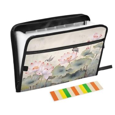 Imagem de Wassud Pasta organizadora de arquivos de papel A4, lótus e pássaros, com etiquetas, pasta de arquivos expansível, 13 bolsos