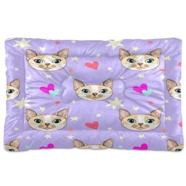 Imagem de Wassud Cama de cachorro com rostos de gato com corações ao ar livre para cães pequenos, lavável, impermeável, para viagem, para animais de estimação, cama portátil para gatos com fundo antiderrapante