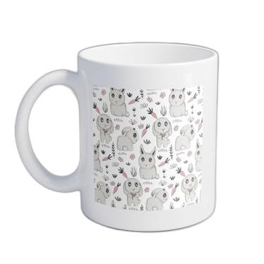 Imagem de Caneca Xícara de Café Porcelana 300ml Coelhos e Flores Doodle