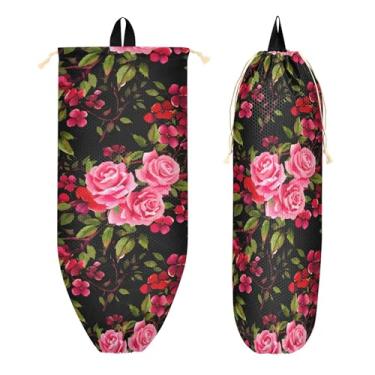 Imagem de xigua Suporte de parede para saco plástico de rosas e flores vermelhas com cordão, 1 pacote, reutilizável para decoração organizadora de sacolas de compras, meias, roupas íntimas e gravatas