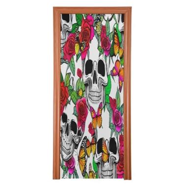 Imagem de Qilmy Decoração de capa de porta 89 x 200 cm tecido grande placa de decoração de festa de Halloween para porta da frente Halloween crânio varanda decoração externa janela parede 779