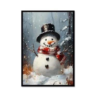 Imagem de Pôster de paisagem de Natal inverno fazenda alce pinhas boneco de neve natureza pintura em tela impressão de parede decoração de sala de estar (SKU8,20.3x30.5 cm = (20x30cm), moldura de metal preto)