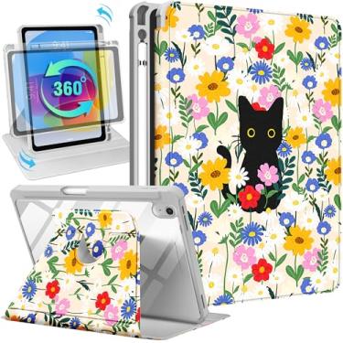 Imagem de Uppuppy Capa para iPad A16 para iPad 10ª geração, capa de 10,9 polegadas - suporte giratório de 360 graus, capa inteligente com suporte para lápis para mulheres, meninas, gatos e flores para tablet