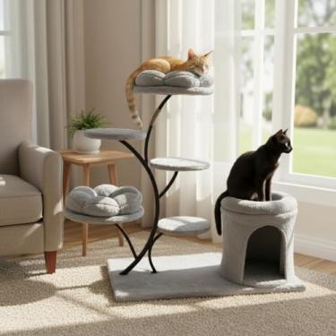 Imagem de Condomínio moderno de torre de árvore para gatos internos com plataformas de flores de pelúcia, caverna esconderijo, poste para arranhar, bola pendurada, postes de aço, cinza