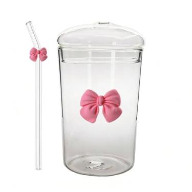 Imagem de Copo de vidro com tampa e canudo de laço – Copo de bebida transparente estético de grande capacidade para suco, café e chá – Utensílios de bebida reutilizáveis fofos para casa, festas e presentes