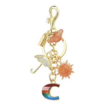 Imagem de VOLYAR Chaveiro com letra de metal, guarda-chuva colorido, conjunto de presente para mulheres, acessório de pingente de bolsa com caixa de presente